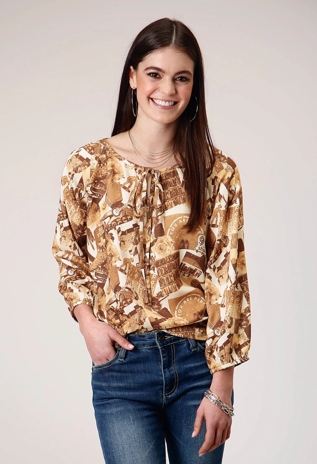 Embroidered Logo Reinforced Seams Roper Womens Collage 3/4 Sleeve Brown 100% Rayon L/S Blouse