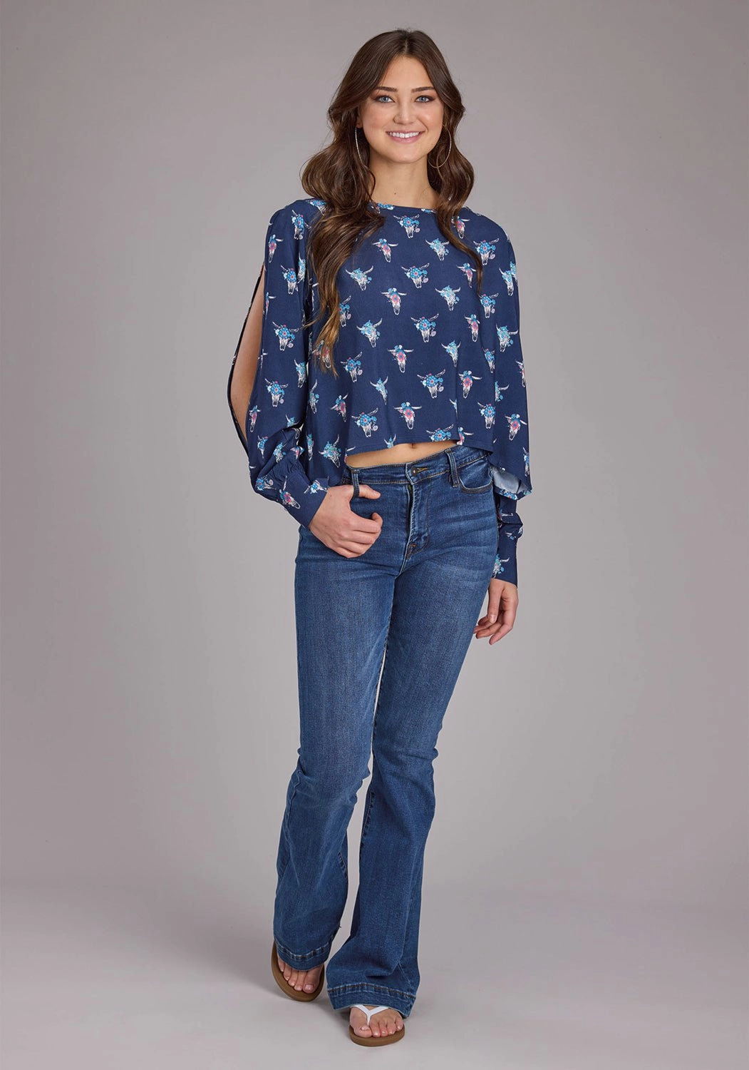 Layering Piece Smooth Stitch Pattern Roper Womens Cow Skulls Swing Blue 100% Rayon L/S Blouse