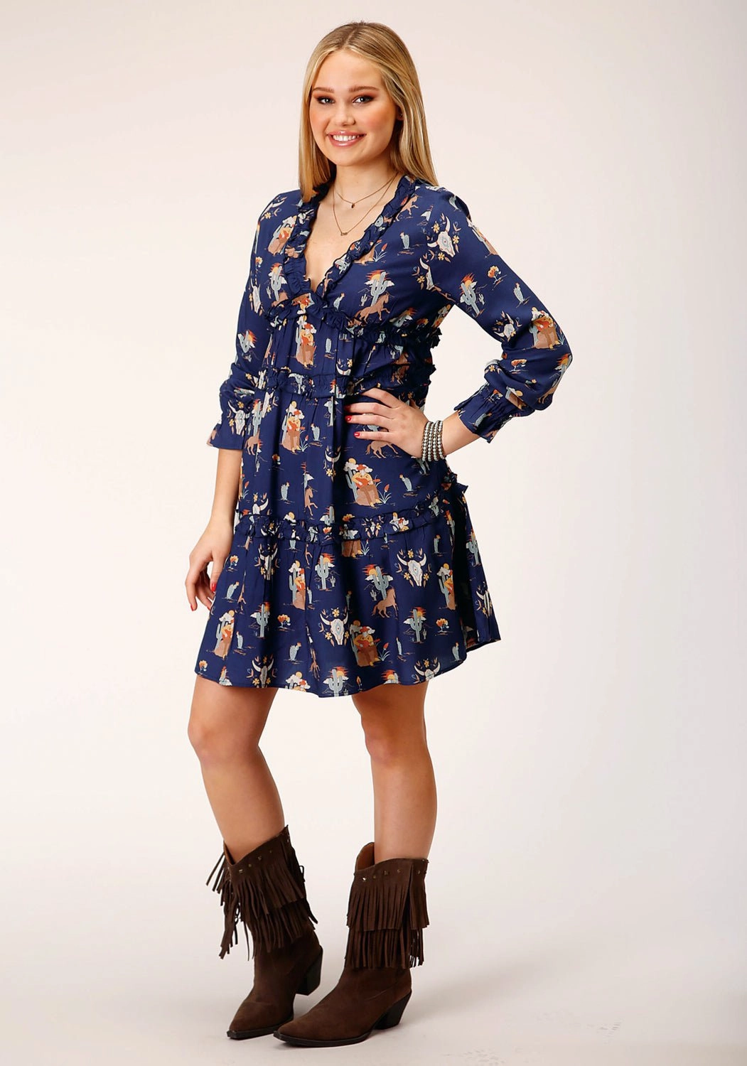 Stretch Fabric Thermal Air Pocket Roper Womens Cowboy Toile Blue 100% Rayon S/S Dress