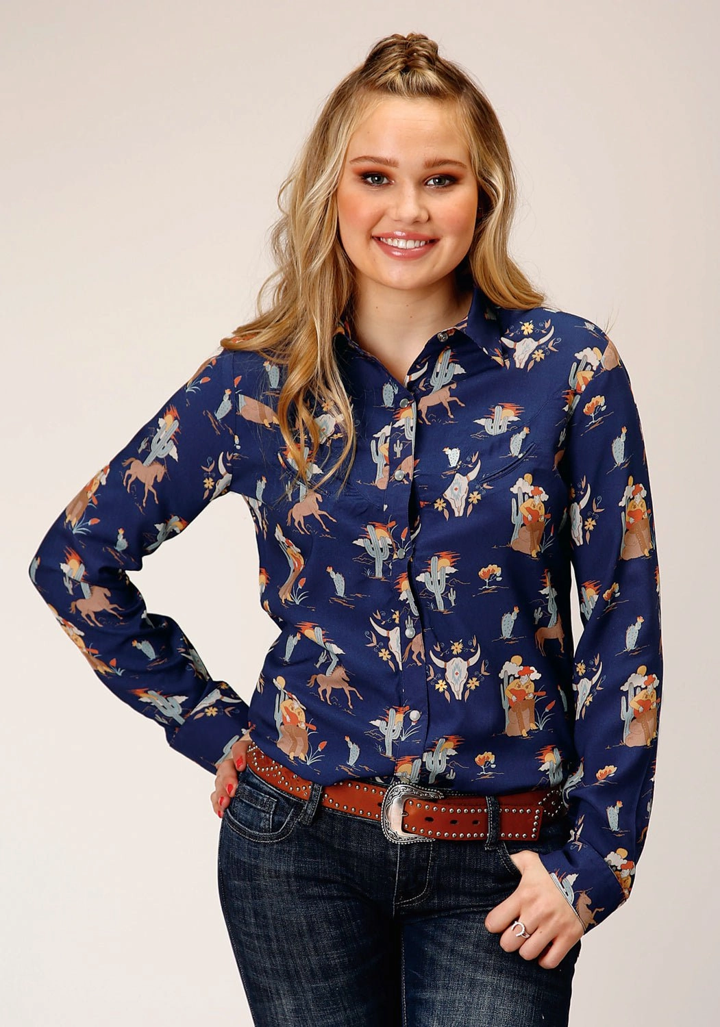 All-day Comfort Roper Womens Cowboy Toile Blue Rayon/Nylon L/S Shirt
