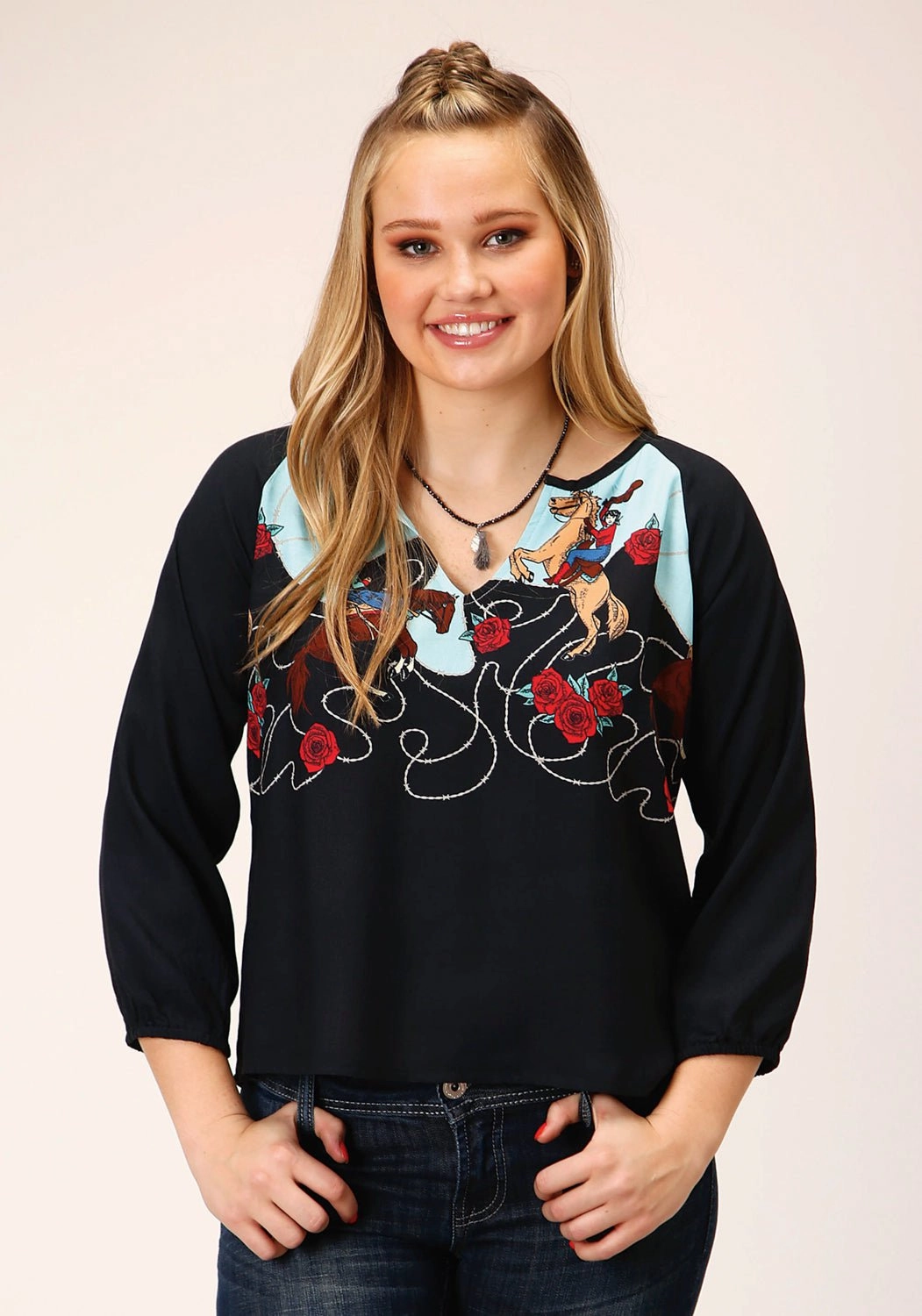 Roper Womens Cowgirl Border Black 100% Rayon L/S Blouse Daytime Look