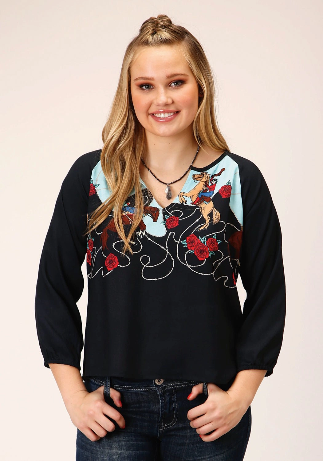 Roper Womens Cowgirl Border Black 100% Rayon L/S Blouse Travelers Choice Fashion Statement