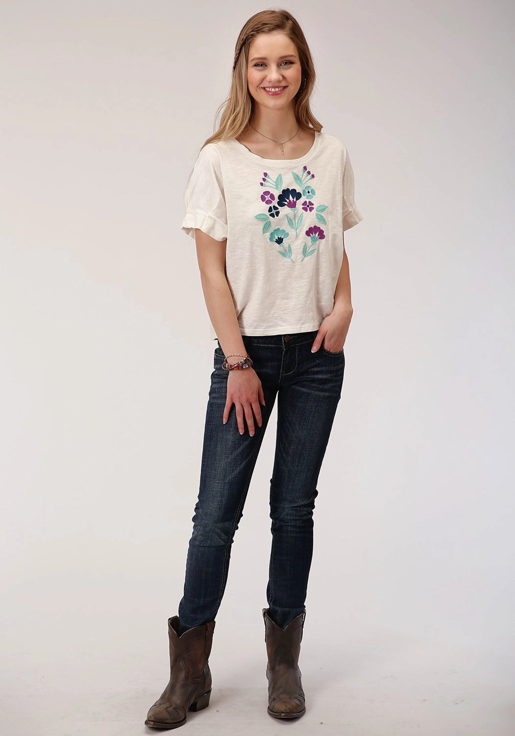 Raw edge Roper Womens Cream 100% Cotton Purple Floral S/S T-Shirt