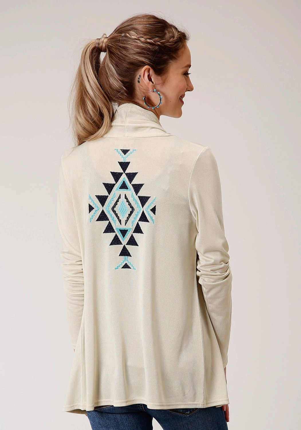 Roper Womens Cream Polyester Aztec Knit Cardigan AllDay Comfort Design Easy Movement Cut