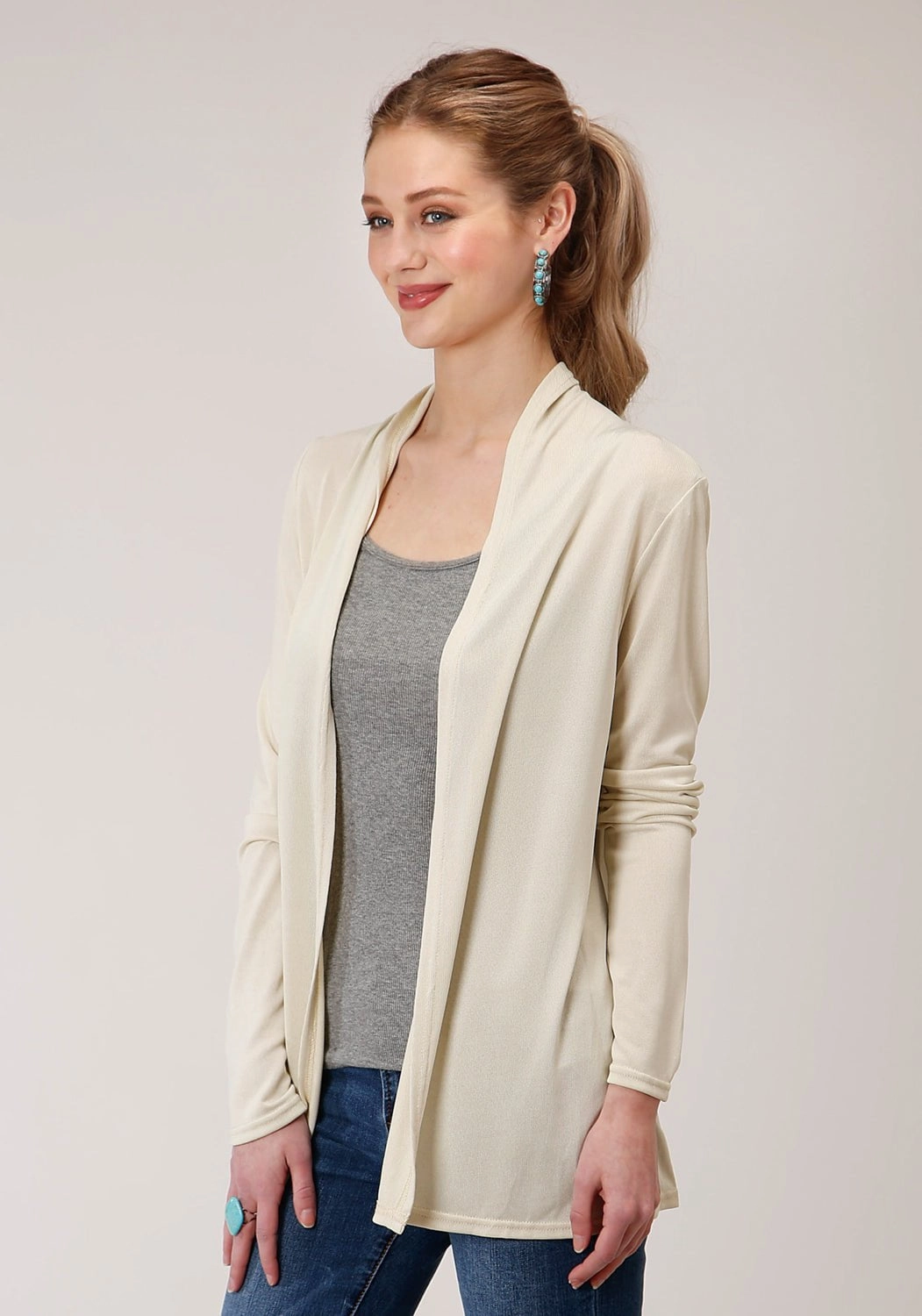 UV Protective Soft Fleece Roper Womens Cream Polyester Aztec Knit Cardigan