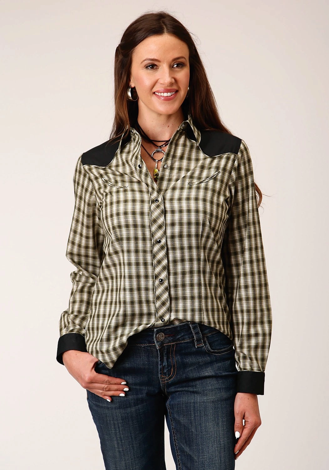 Roper Womens Cream Windowpane Green Cotton Blend L/S Shirt Durable Stitching Cocktail Event