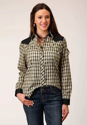 Roper Womens Cream Windowpane Green Cotton Blend L/S Shirt Durable Stitching Cocktail Event