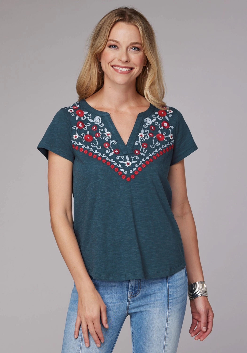 Anti Pill Treatment Roper Womens Curved Floral Split V Blue 100% Cotton S/S T-Shirt