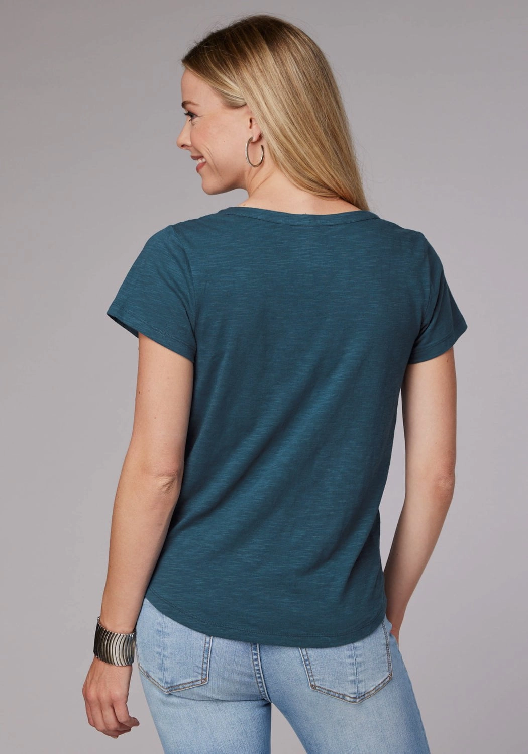 checkered pattern Multi Layer Stitching Roper Womens Curved Floral Split V Blue 100% Cotton S/S T-Shirt