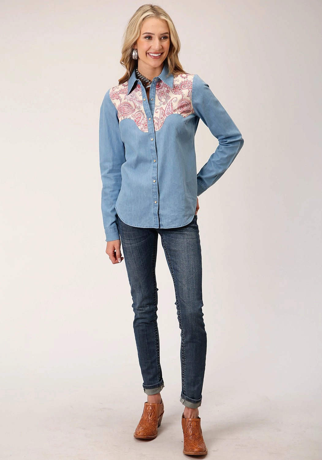 Roper Womens Denim Retro Blue 100% Cotton L/S Shirt Unstructured Shoulder Waffle Weave