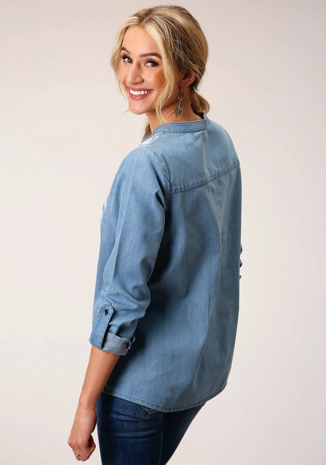 Roper Womens Denim Split V Blue 100% Cotton L/S Blouse Hidden Button Placket