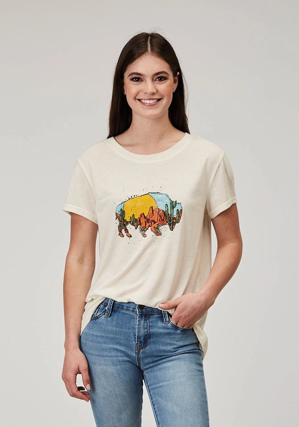 hypoallergenic material Double Stitched Hems Roper Womens Desert Buffalo Cream Poly/Cotton S/S T-Shirt