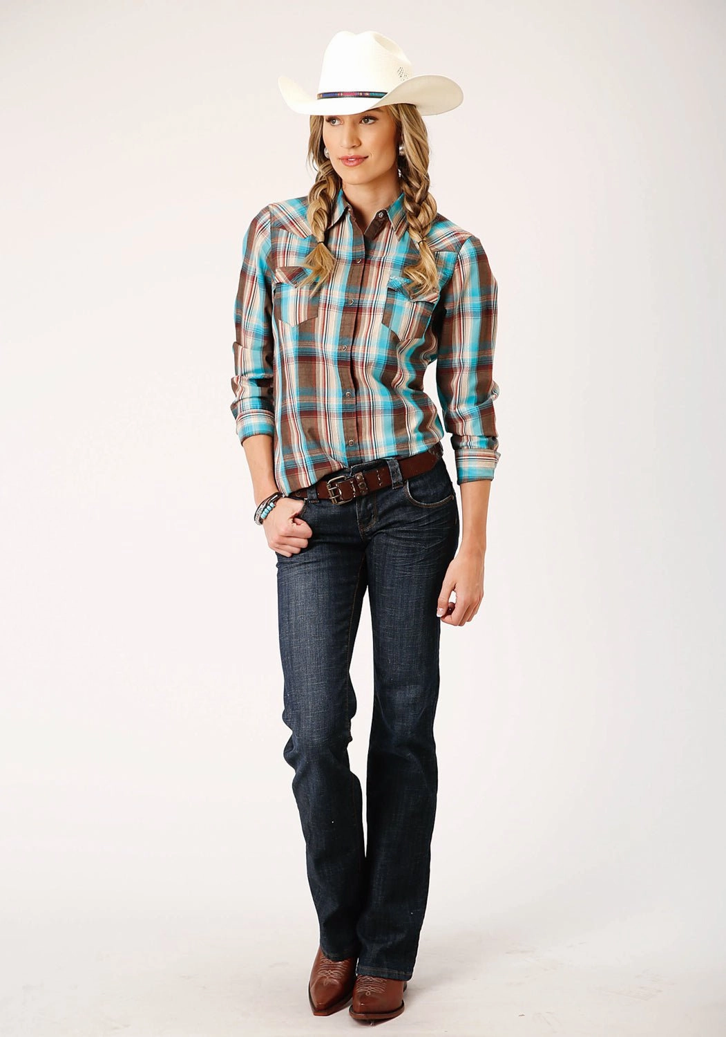 Roper Womens Desert Dobby Plaid Blue/Brown 100% Cotton L/S Shirt Earthy Hue Business casual