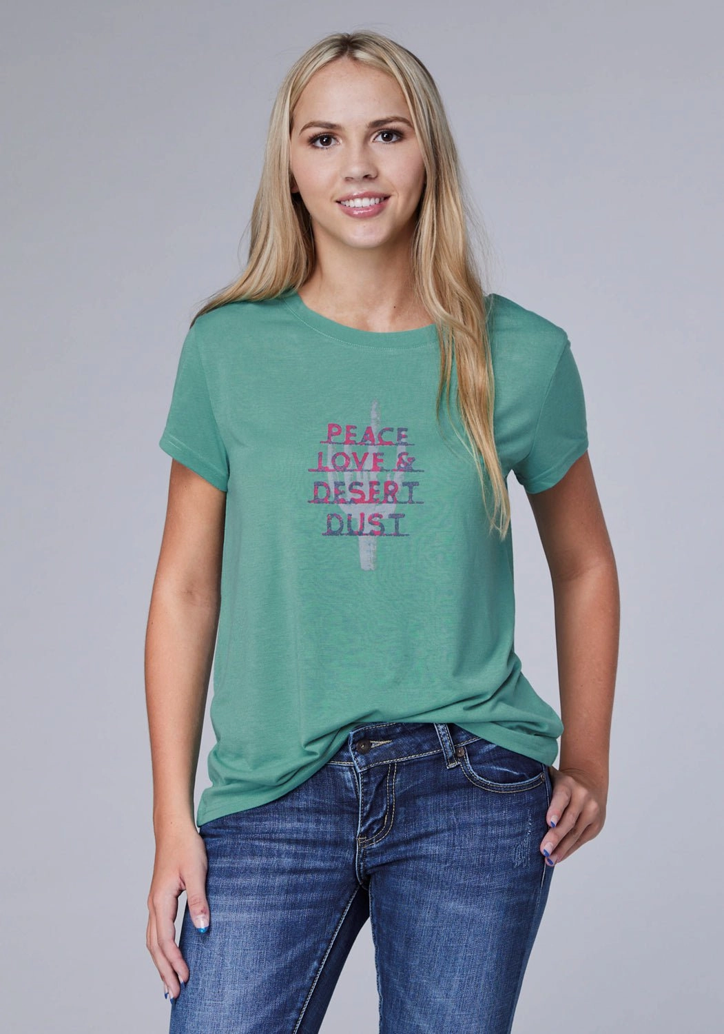 Roper Womens Desert Dust Turquoise Poly/Rayon S/S T-Shirt Mix-And-Match Layered Look