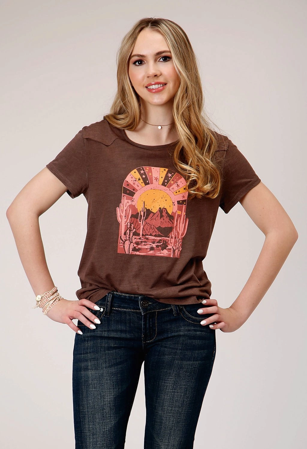 Travelers Choice Roper Womens Desert Scene Brown Poly/Rayon S/S T-Shirt