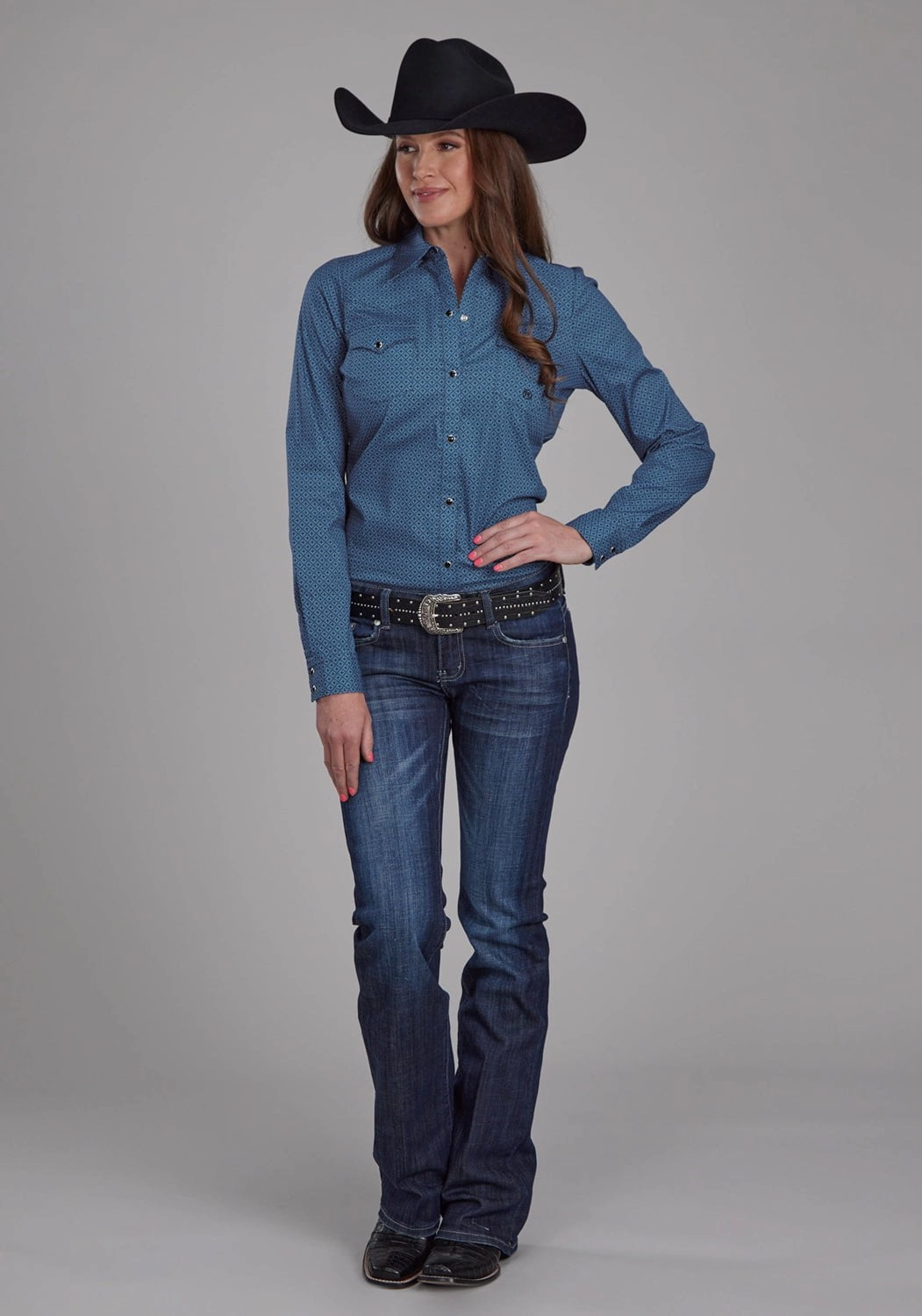 Lightweight Material Roper Womens Diamond Print Blue Cotton Blend L/S Shirt