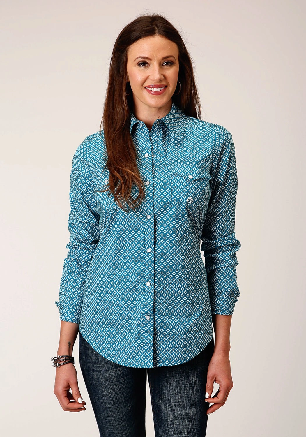 Fast Drying Roper Womens Diamond Print Turquoise Cotton Blend L/S Shirt