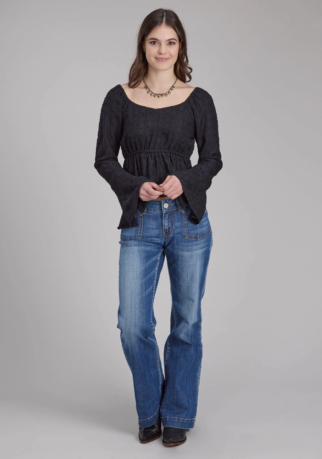 Breathable fabric Layering Piece Roper Womens Double Cloth Black 100% Polyester L/S Blouse