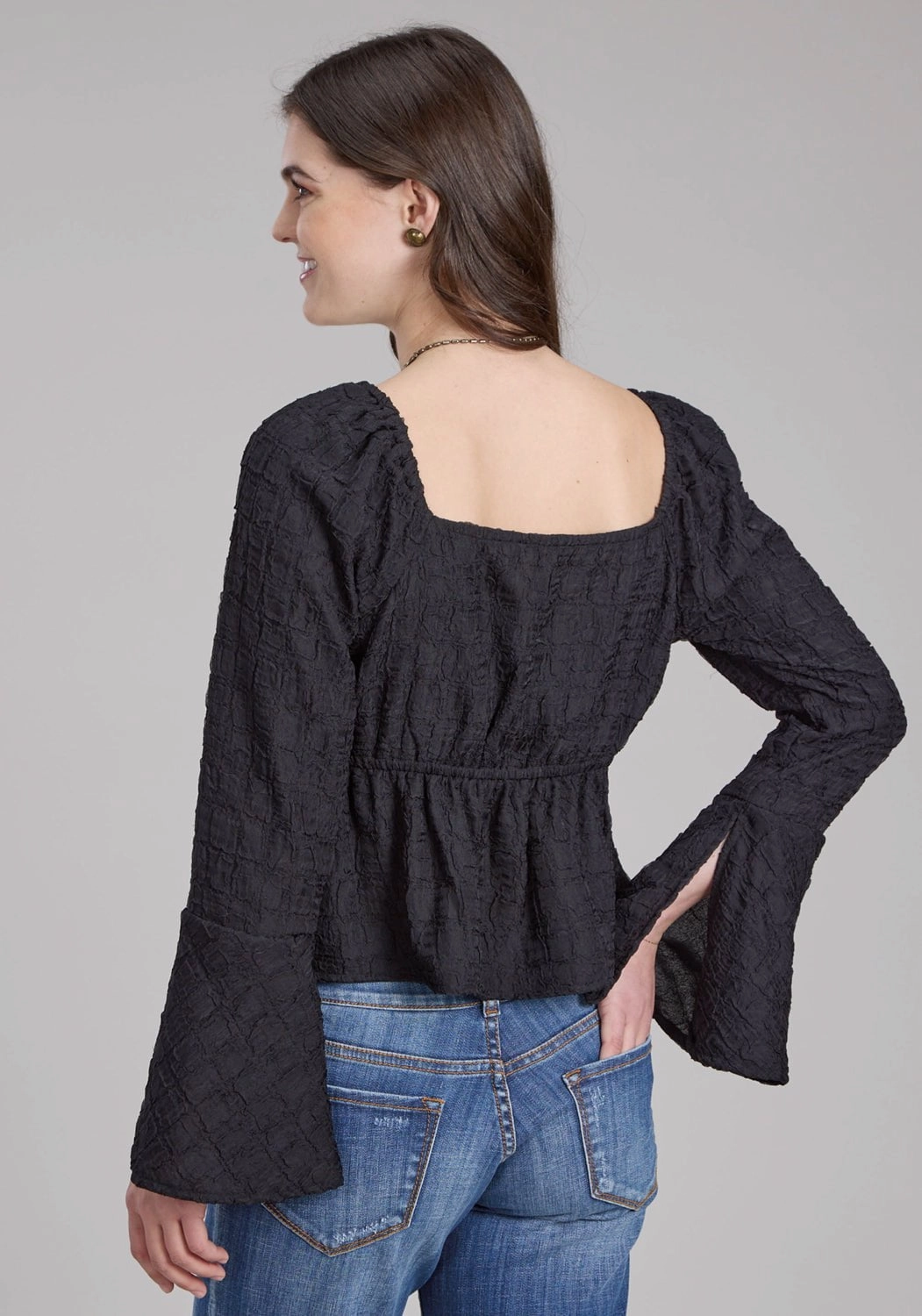 Roper Womens Double Cloth Black 100% Polyester L/S Blouse Durable Texture Fashion Statement