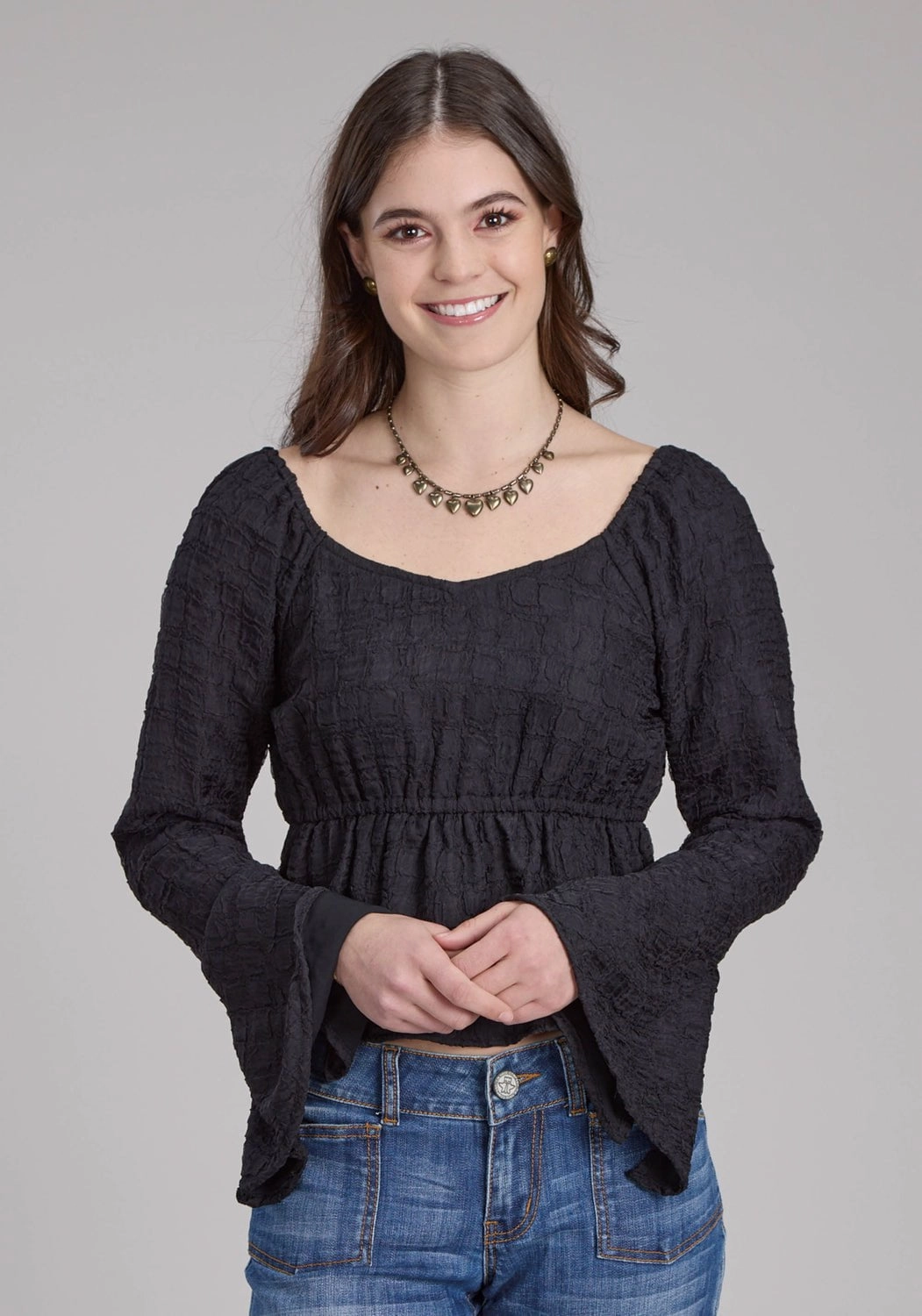 Cocktail Event Roper Womens Double Cloth Black 100% Polyester L/S Blouse