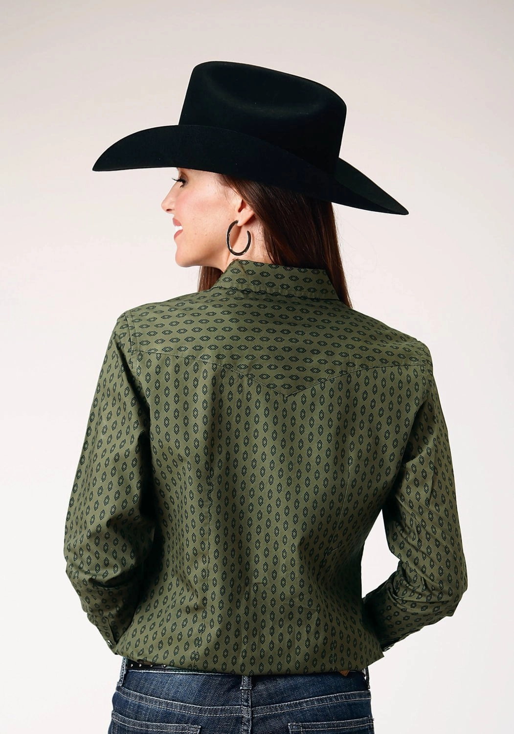 Luxury Feel Roper Womens Drybrush Diamonds Green 100% Cotton L/S Shirt