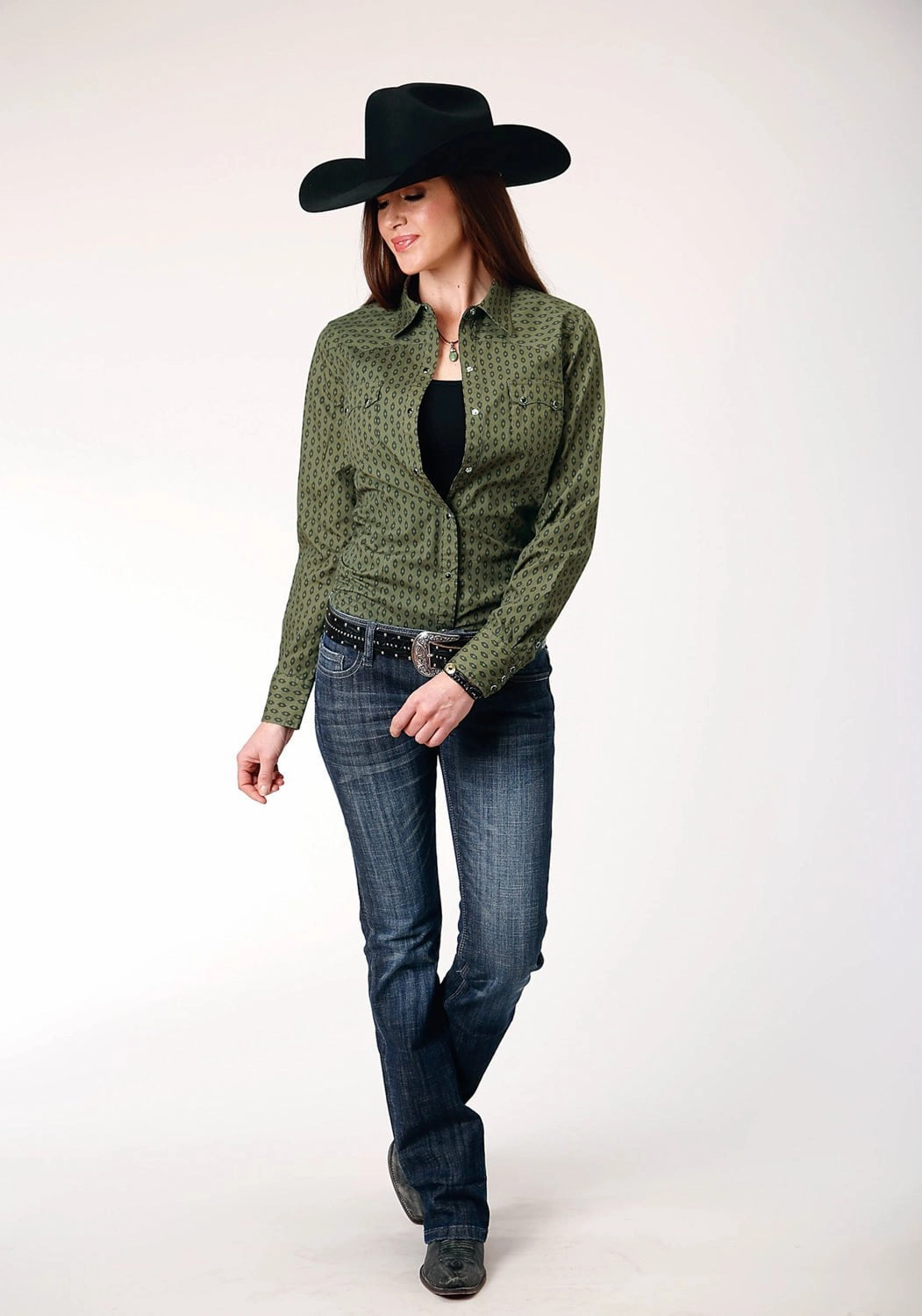 Durable Buttons Roper Womens Drybrush Diamonds Green 100% Cotton L/S Shirt