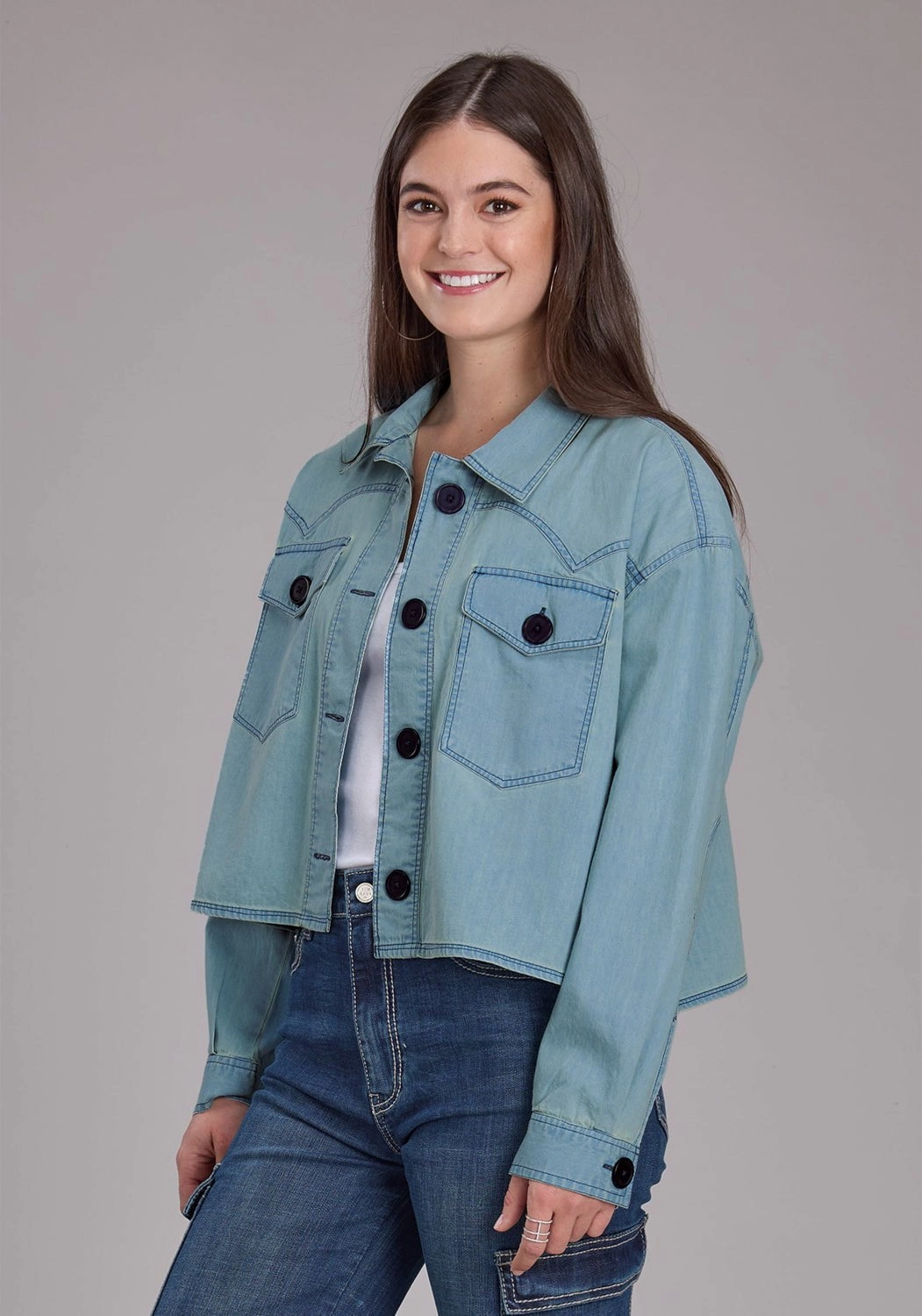 Roper Womens Elbow Patches Denim Light Blue 100% Cotton Jacket ReversibleStyle Moisture Wicking Layer