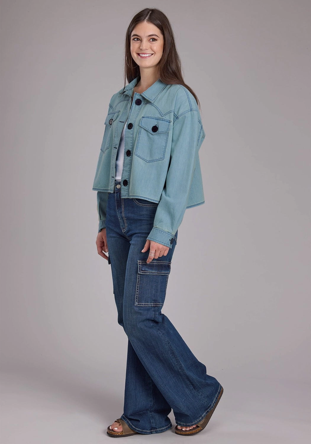 Minimalist Design Roper Womens Elbow Patches Denim Light Blue 100% Cotton Jacket