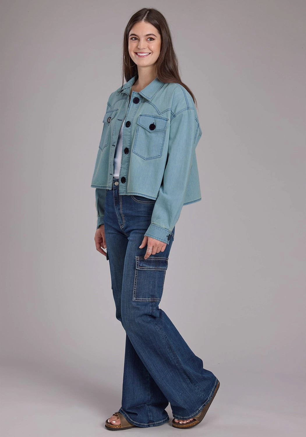 Roper Womens Elbow Patches Denim Light Blue 100% Cotton Jacket Low Profile Collar Evening Chill Piece