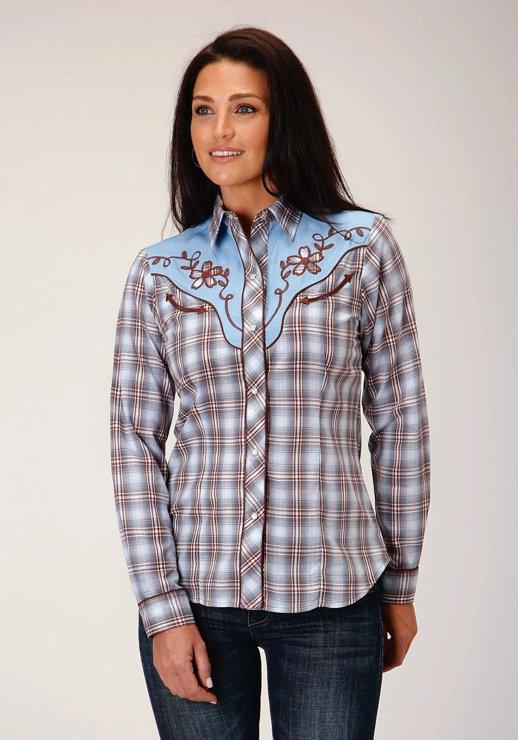 Roper Womens Fancy Applique Chocolate Blue Cotton Blend L/S Shirt hypoallergenic material