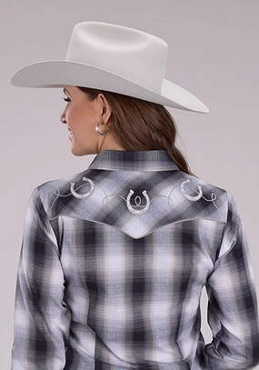 Perfect Fit Long Sleeve Roper Womens Fancy Horseshoe Yokes Grey/Black/White Cotton Blend L/S Shirt