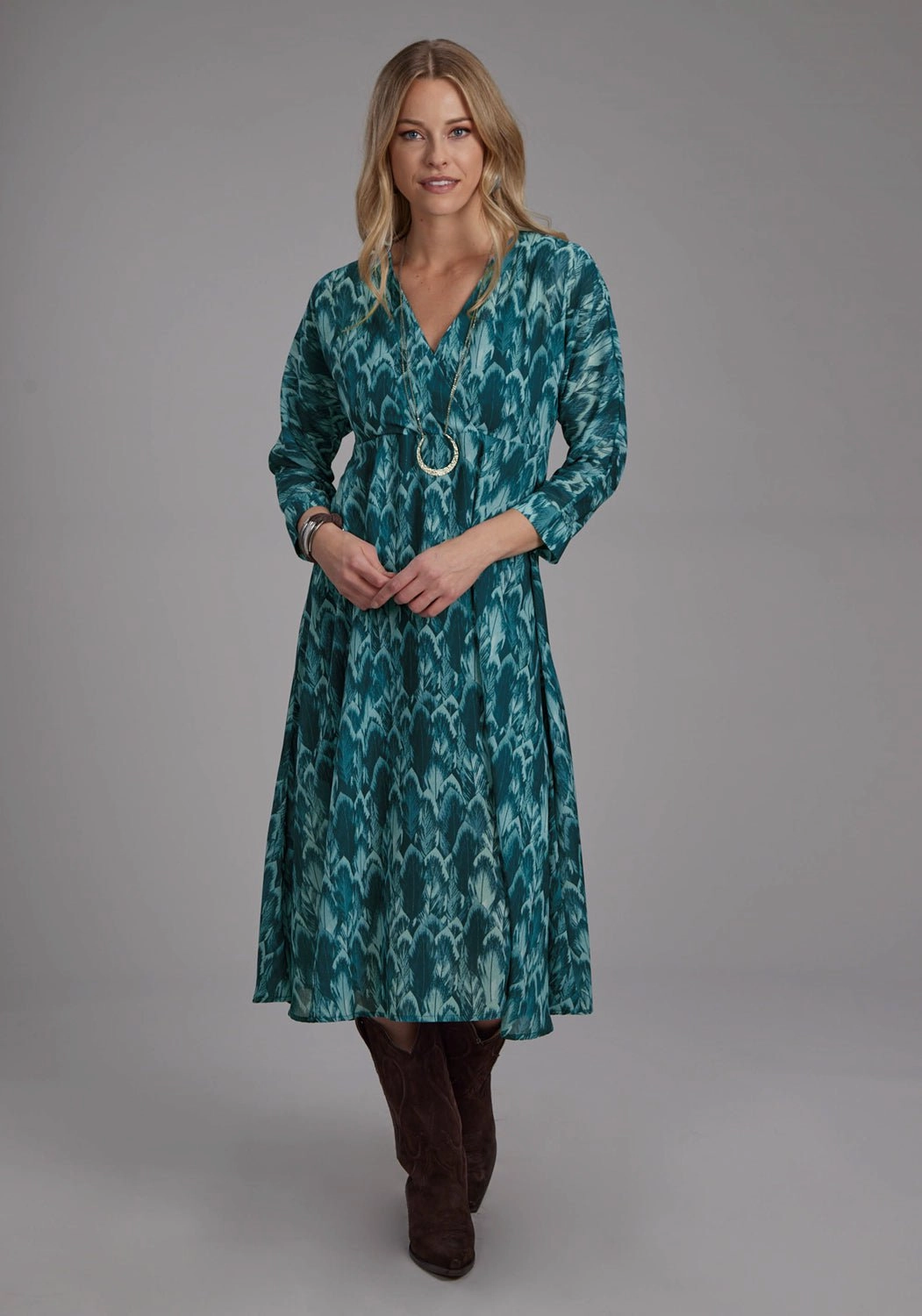 Roper Womens Feather Georgette Teal 100% Polyester 3/4 Sleeve Dress Soft Feel Timeless boho dress