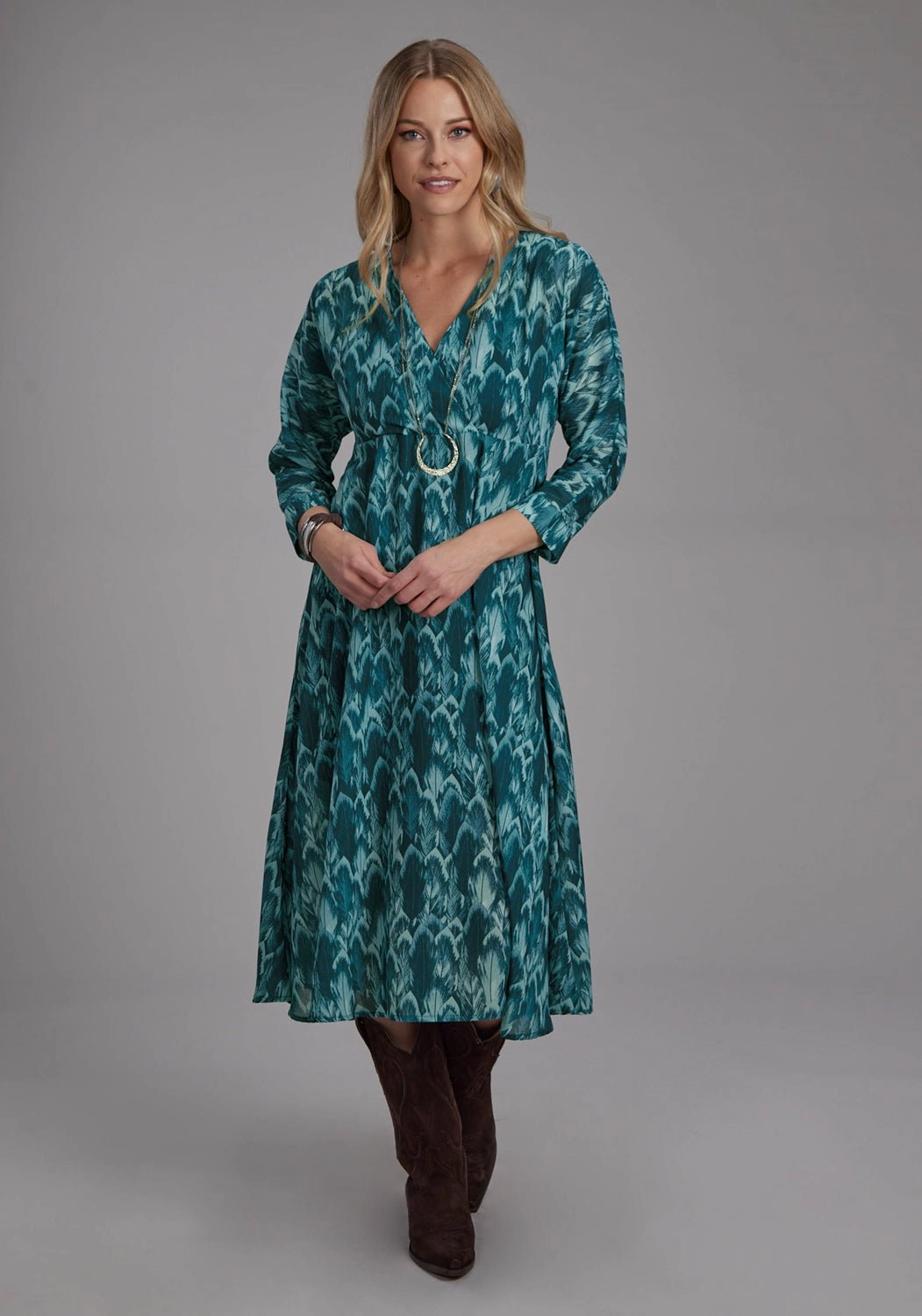 Roper Womens Feather Georgette Teal 100% Polyester 3/4 Sleeve Dress Elegant Outline Gathered-Detail