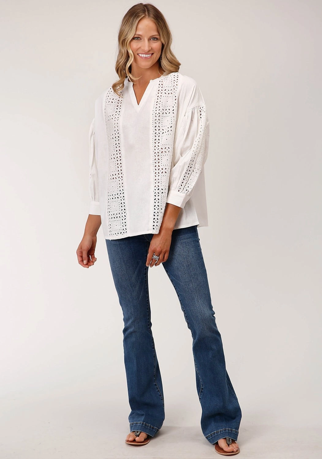 Fitted Cut Picnic Outfit Roper Womens Flex Peasant White 100% Cotton 3/4 Sleeve S/S Blouse