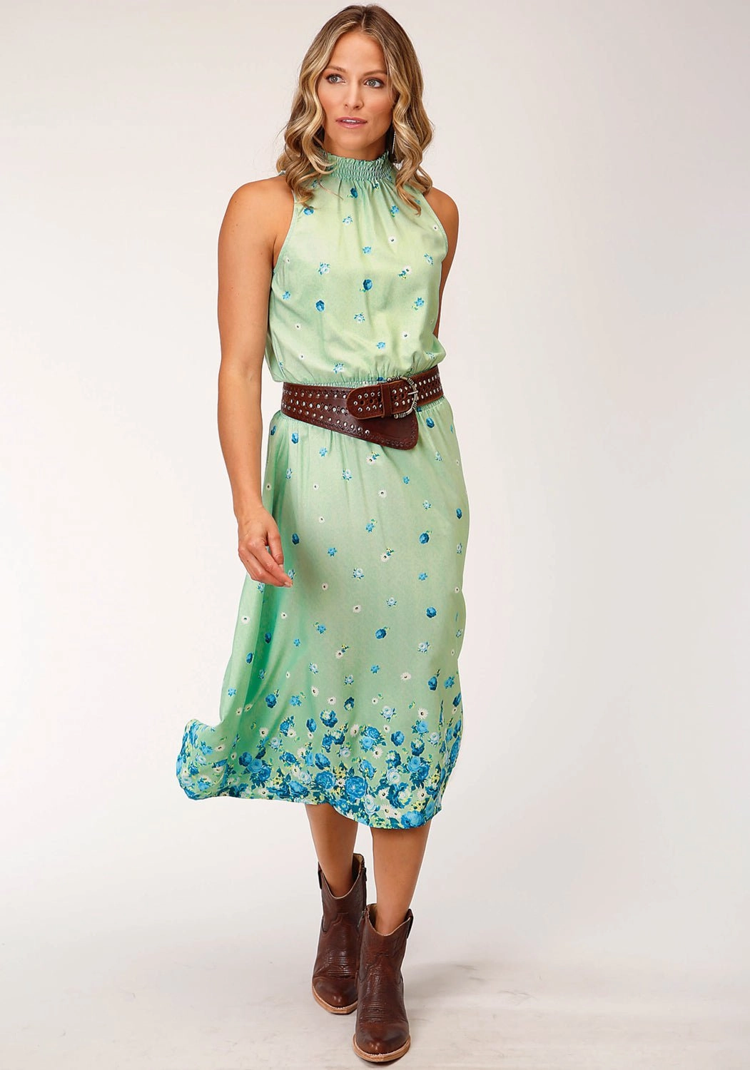 Stylish Staple Daily Ready Roper Womens Floral Border Print Green Polyester S/L Dress