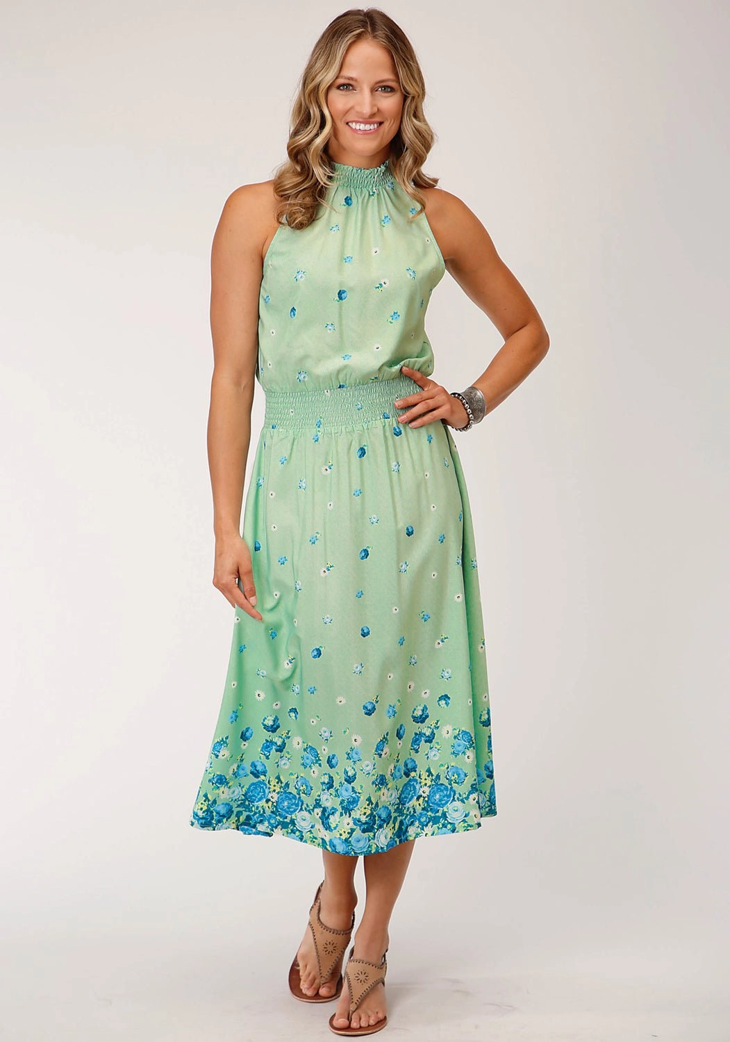 Relaxed Line Layered-Look Roper Womens Floral Border Print Green Polyester S/L Dress