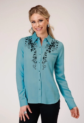 Roper Womens Floral Challis Blue 100% Rayon L/S Blouse Microfiber Material