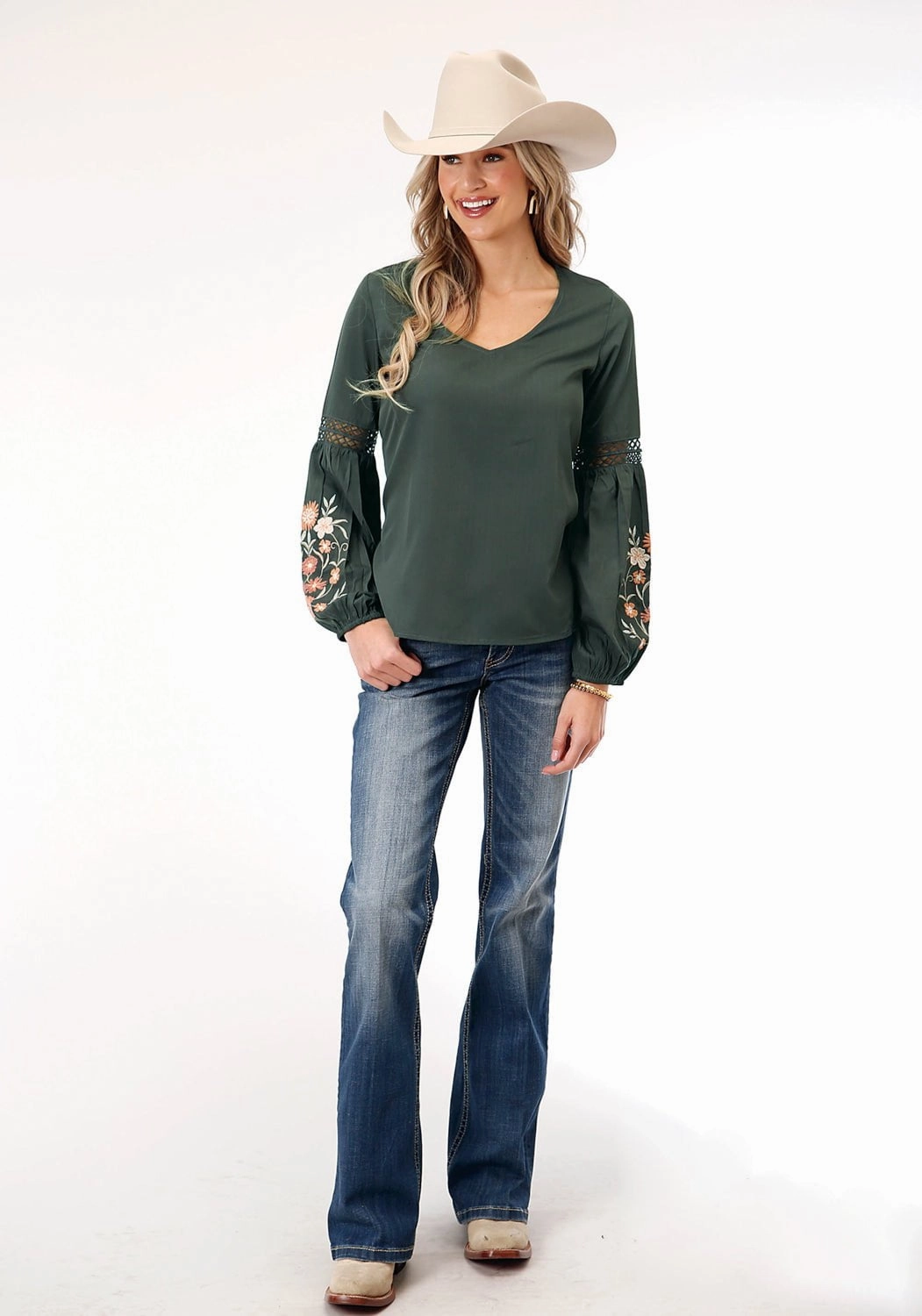 Premium Finish Polished Style Roper Womens Floral Crepe Grey Polyester L/S Tunic