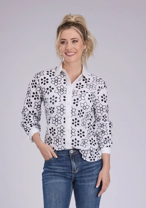 Roper Womens Floral Eyelet Western White/Black 100% Cotton L/S Blouse Plus Size Fit Trendy Look