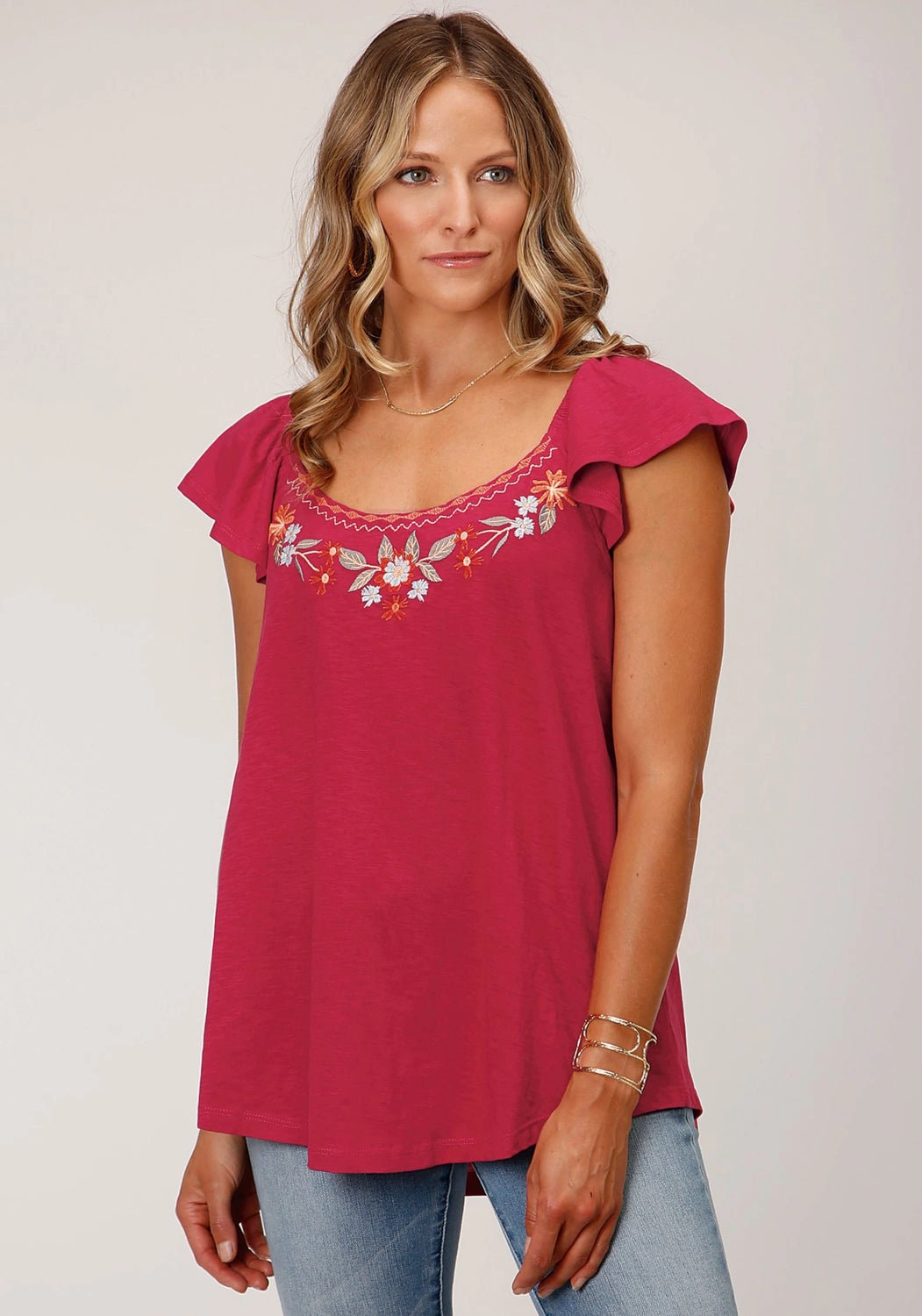Non Static Finish Moisture Wicking Layer Roper Womens Floral Gathers Raspberry 100% Cotton S/S Tunic