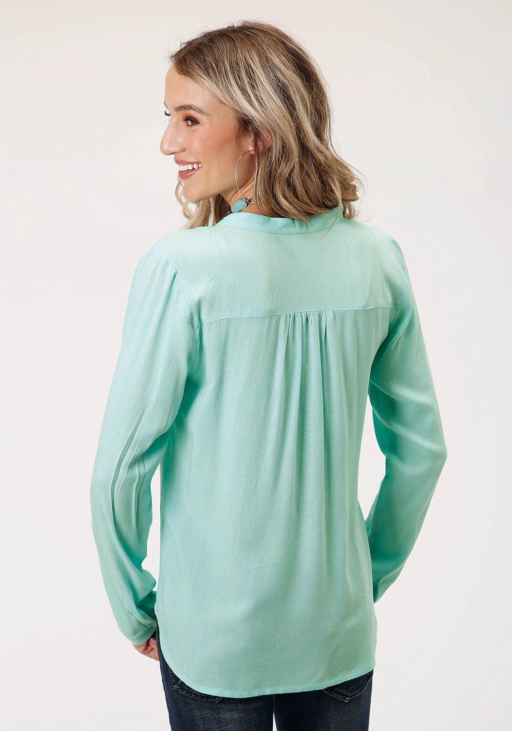 Roper Womens Floral Long Tails Aqua 100% Rayon L/S Blouse Workwear Essential