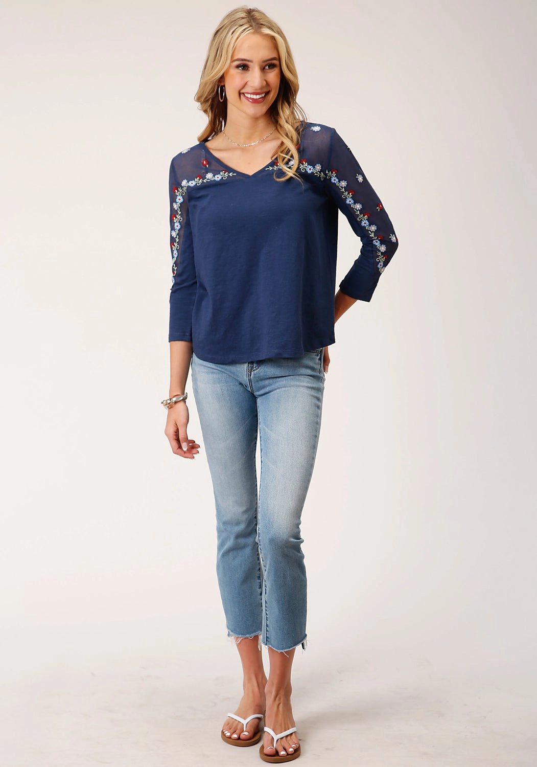 High-Quality Material Bold Pattern Roper Womens Floral Mesh Blue 100% Cotton 3/4 Sleeve S/S Tunic