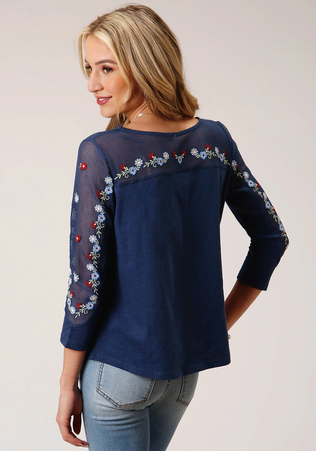 Two Tone Stitching Clean Edge Trim Roper Womens Floral Mesh Blue 100% Cotton 3/4 Sleeve S/S Tunic