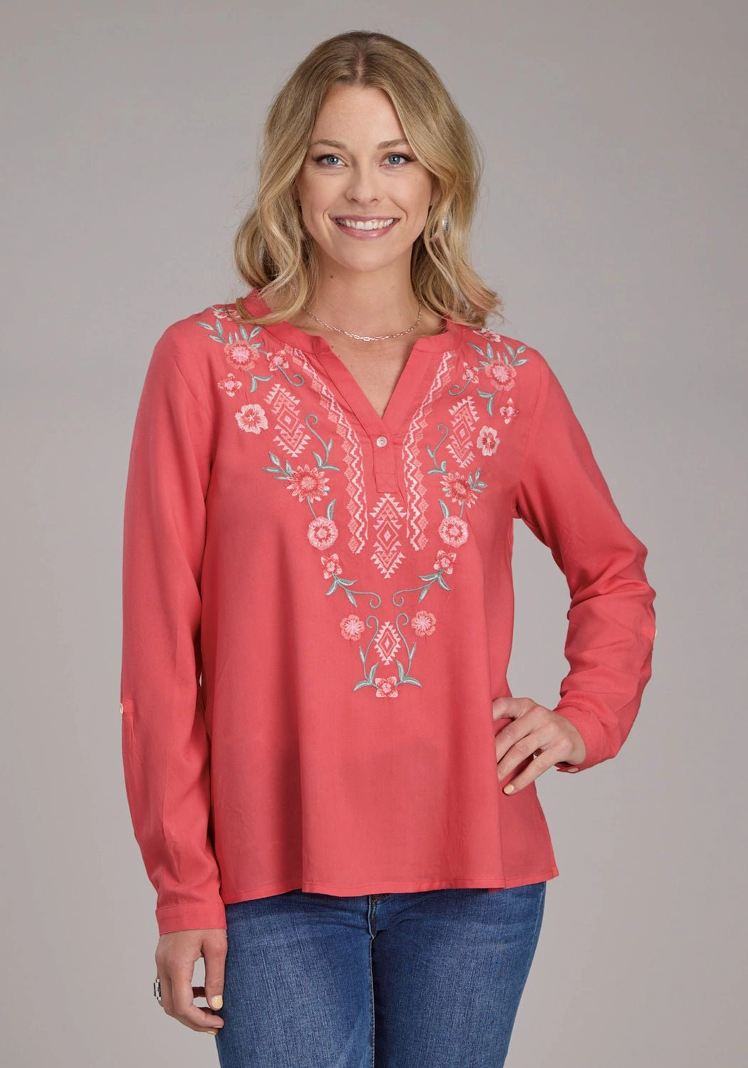 Layering Essential Roper Womens Floral Split V Placket Pink 100% Rayon L/S Tunic