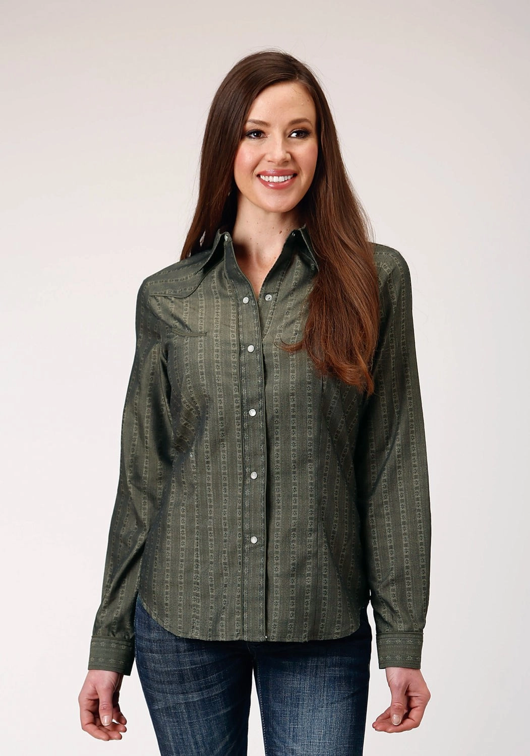Mature Elegance Comfortable Wear Roper Womens Floral Tone on Tone Grey Poly/Cotton L/S Shirt