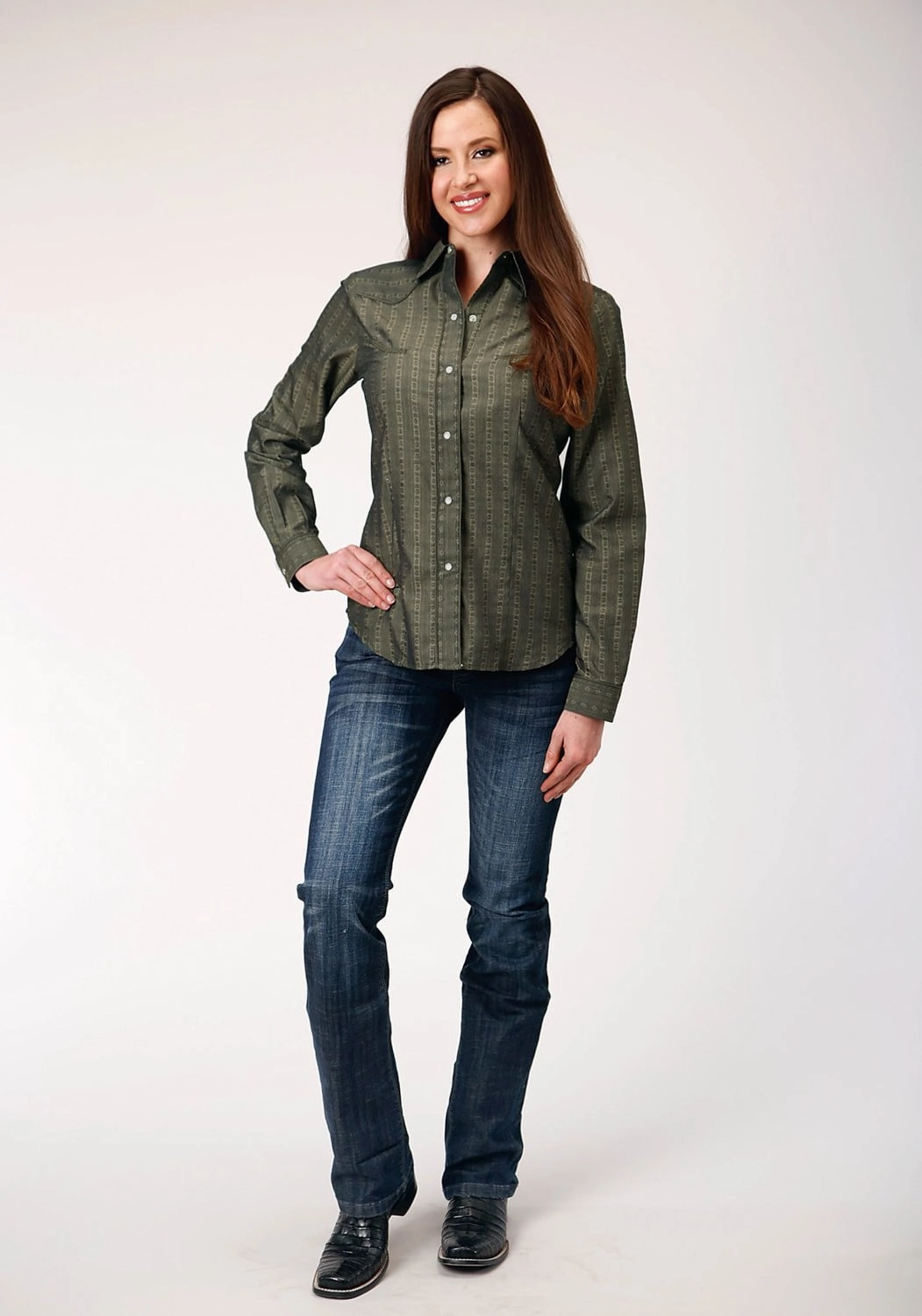 Embroidered Detail Winter Collection Roper Womens Floral Tone on Tone Grey Poly/Cotton L/S Shirt