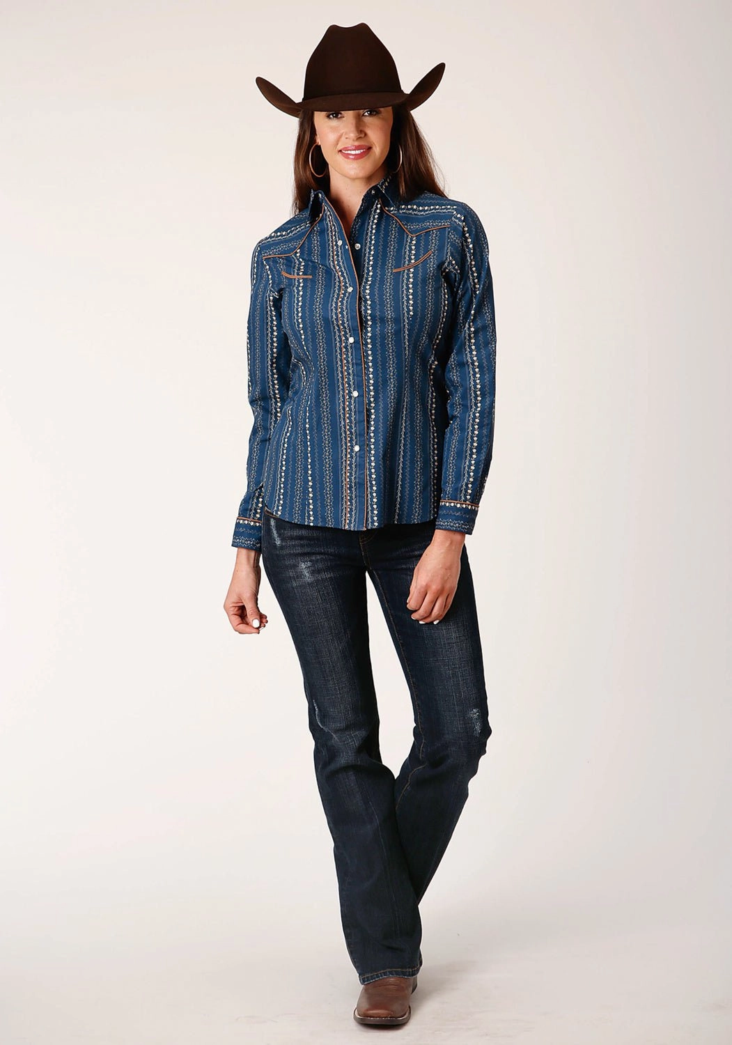 Roper Womens Floral Wallpaper Navy/Khaki Cotton Blend L/S Shirt Double Stitched Seams