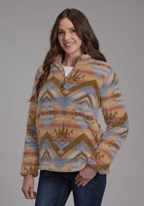 Zippered Closures Cozy Fit Roper Womens Fuzzy Aztec Brown/Blue 100% Polyester Fleece Jacket