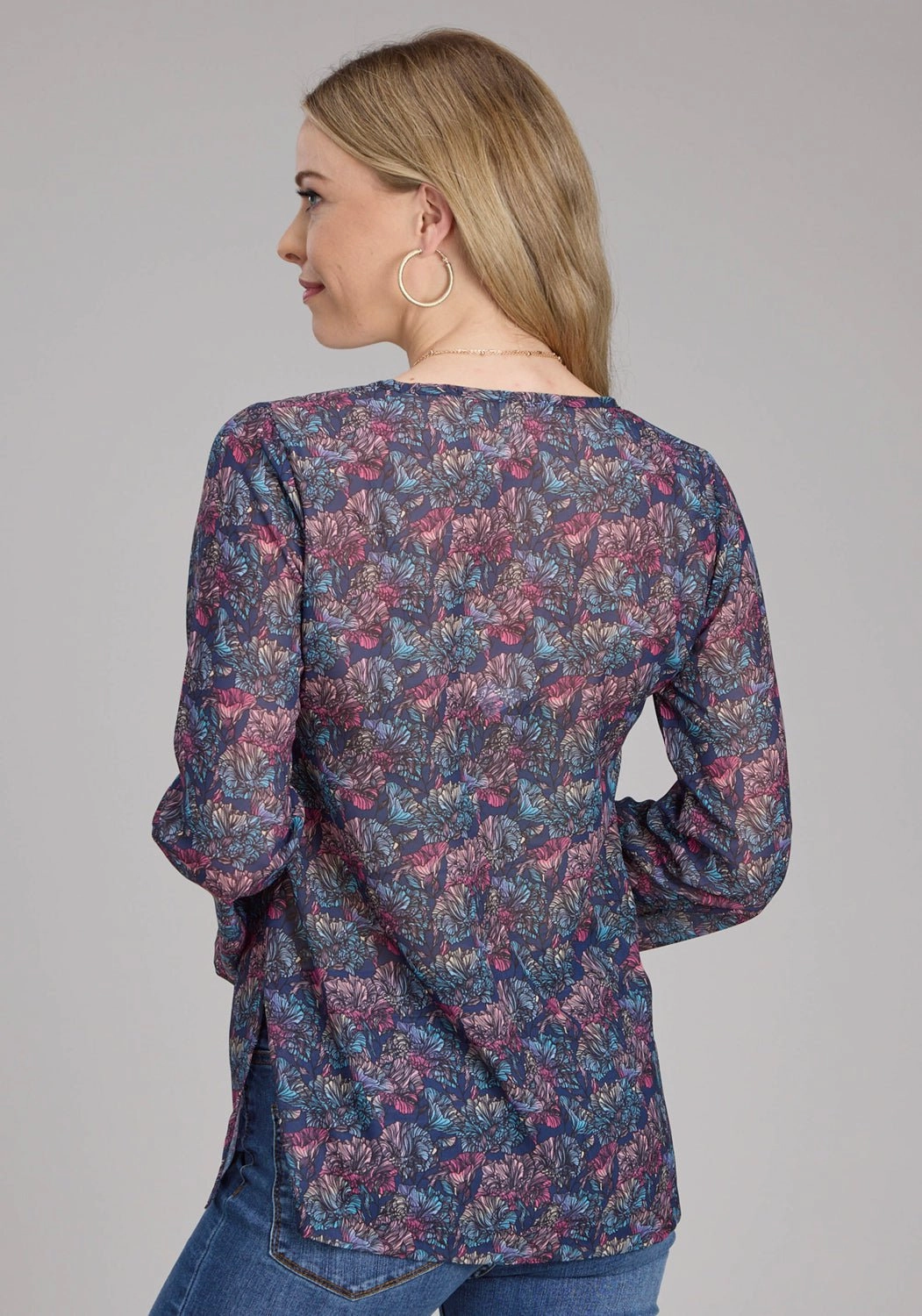 Tagless label Roper Womens Gem Floral Keyhole Multi-Color 100% Cotton L/S Blouse