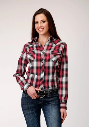 Roper Womens Grey Plaid Red Cotton Blend L/S Shirt Hiking Gear